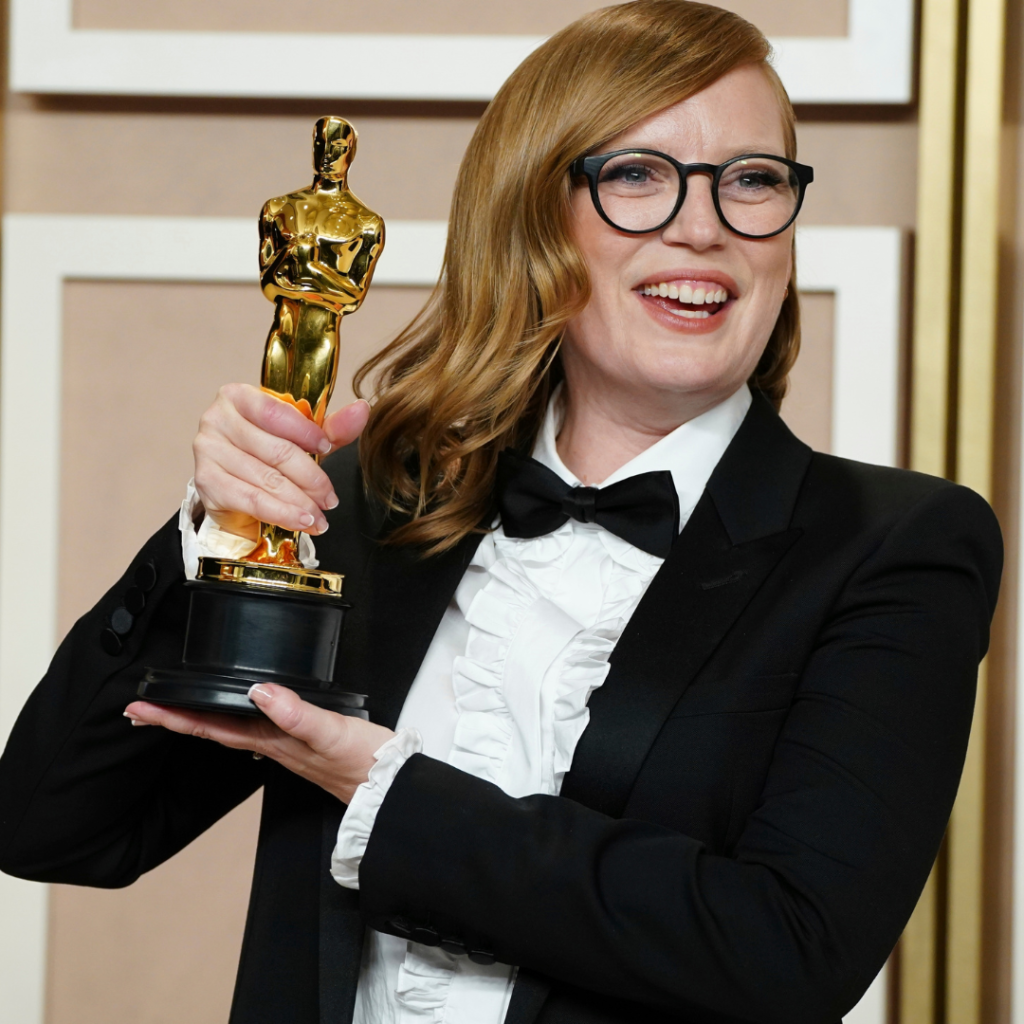 Photo of "Women Talking" screenwriter and director Sarah Polley holding her Oscar at the ceremony in April 2023.