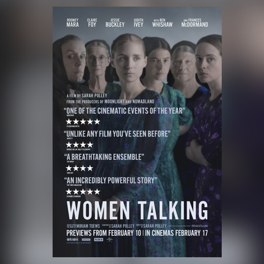 A movie poster for the film version of "Women Talking" directed by Sarah Polley.