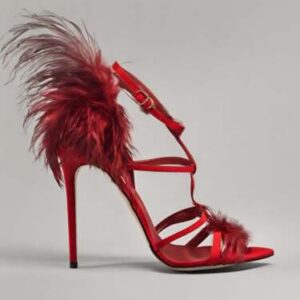 Red sex shoes with straps and feathers.