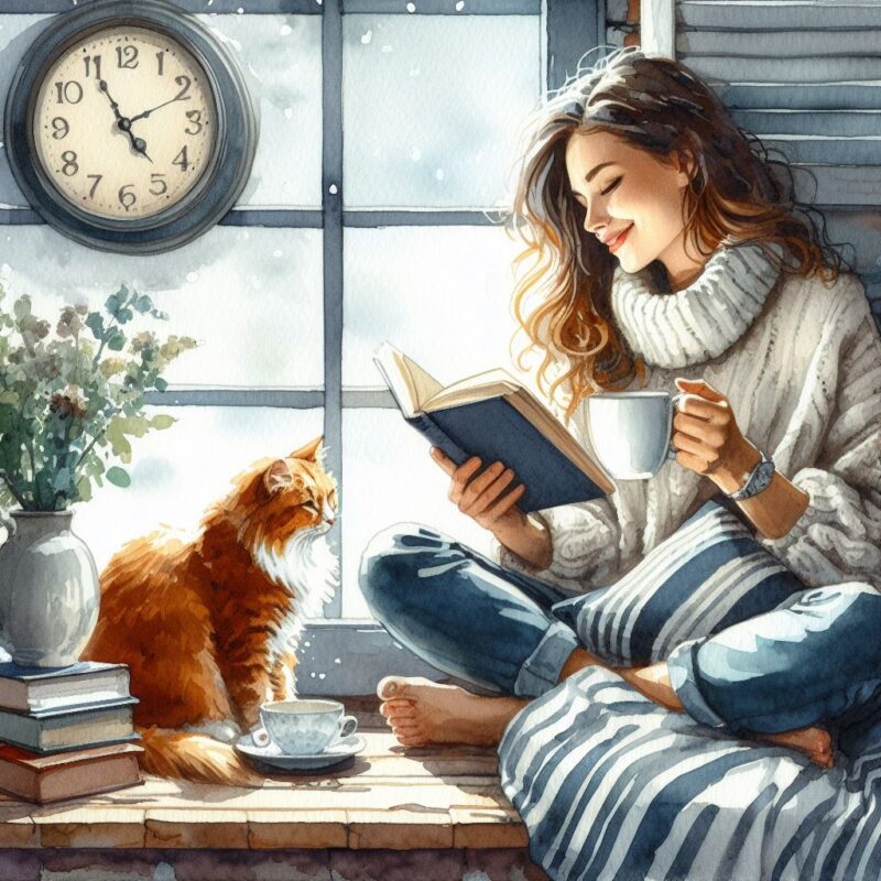 Happy woman sipping coffee and reading a book sitting near her cat. 