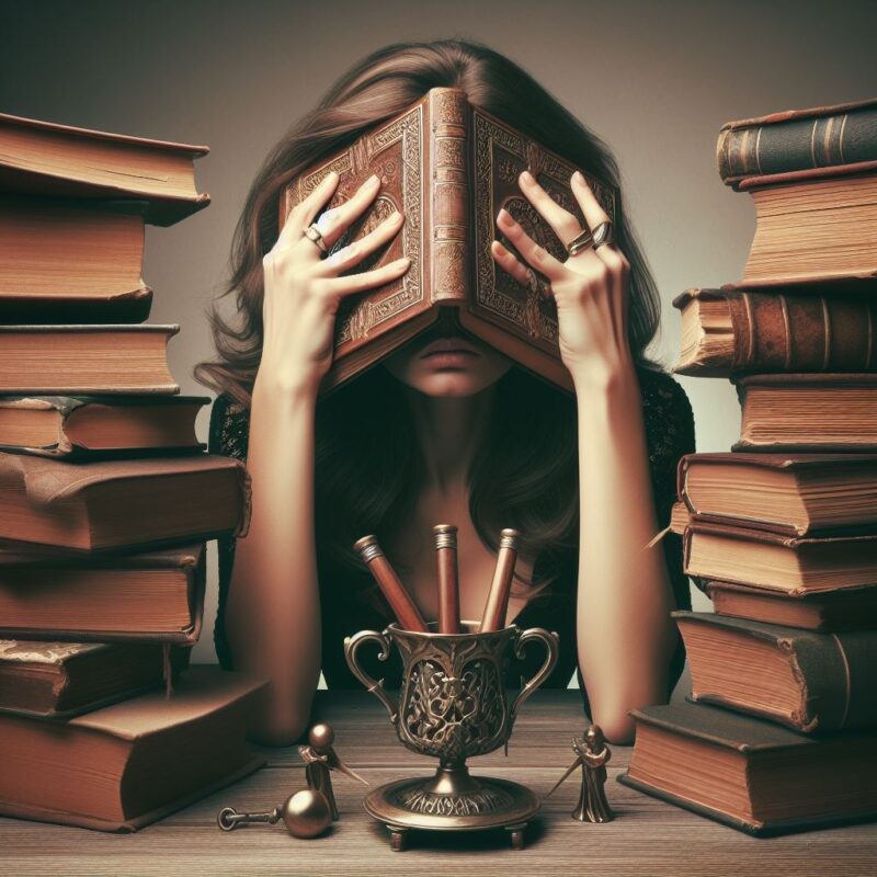 Woman holding a book over her eyes out of frustration.