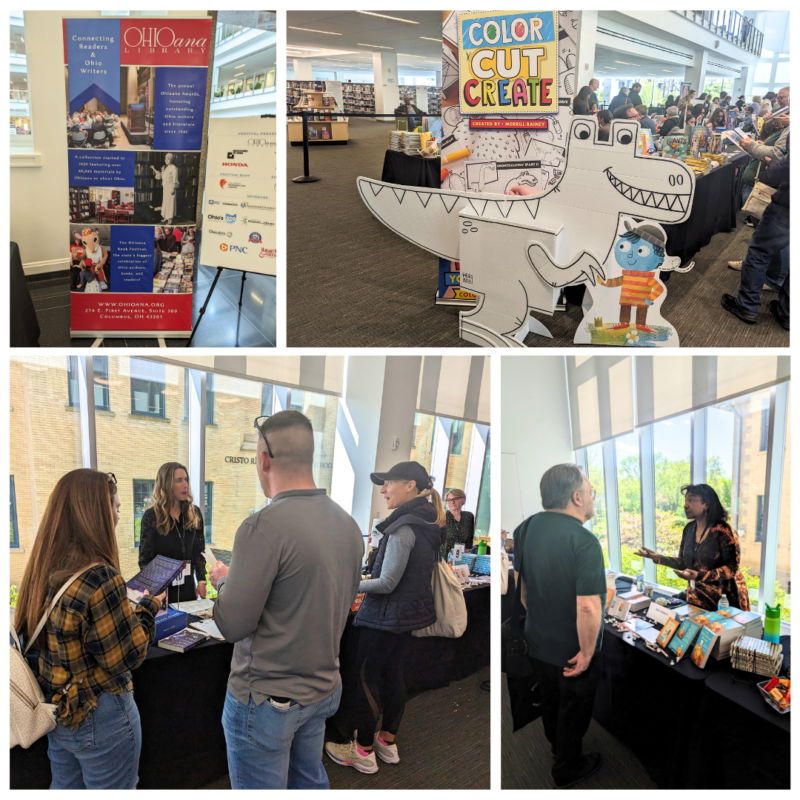 Four-part collage of images from Ohioana Book Festival 2024 at the Columbus Metropolitan Library. The images include book displays, the Ohioana vertical poster, and authors talking with customers.